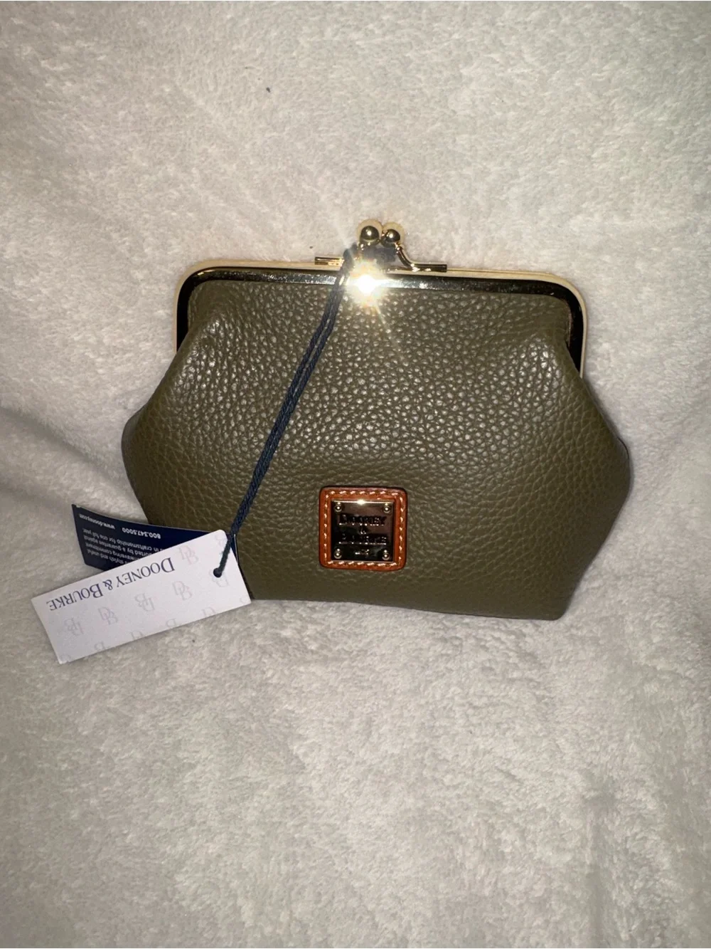 Dooney & Bourke Olive Pebbled Leather Kiss-Lock Coin Pouch with Logo Plaque